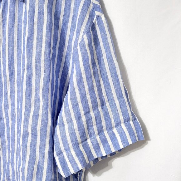 H&M Womens 100% Linen Button Down Top Size L Short Sleeve Blue Striped Coastal - Picture 3 of 11